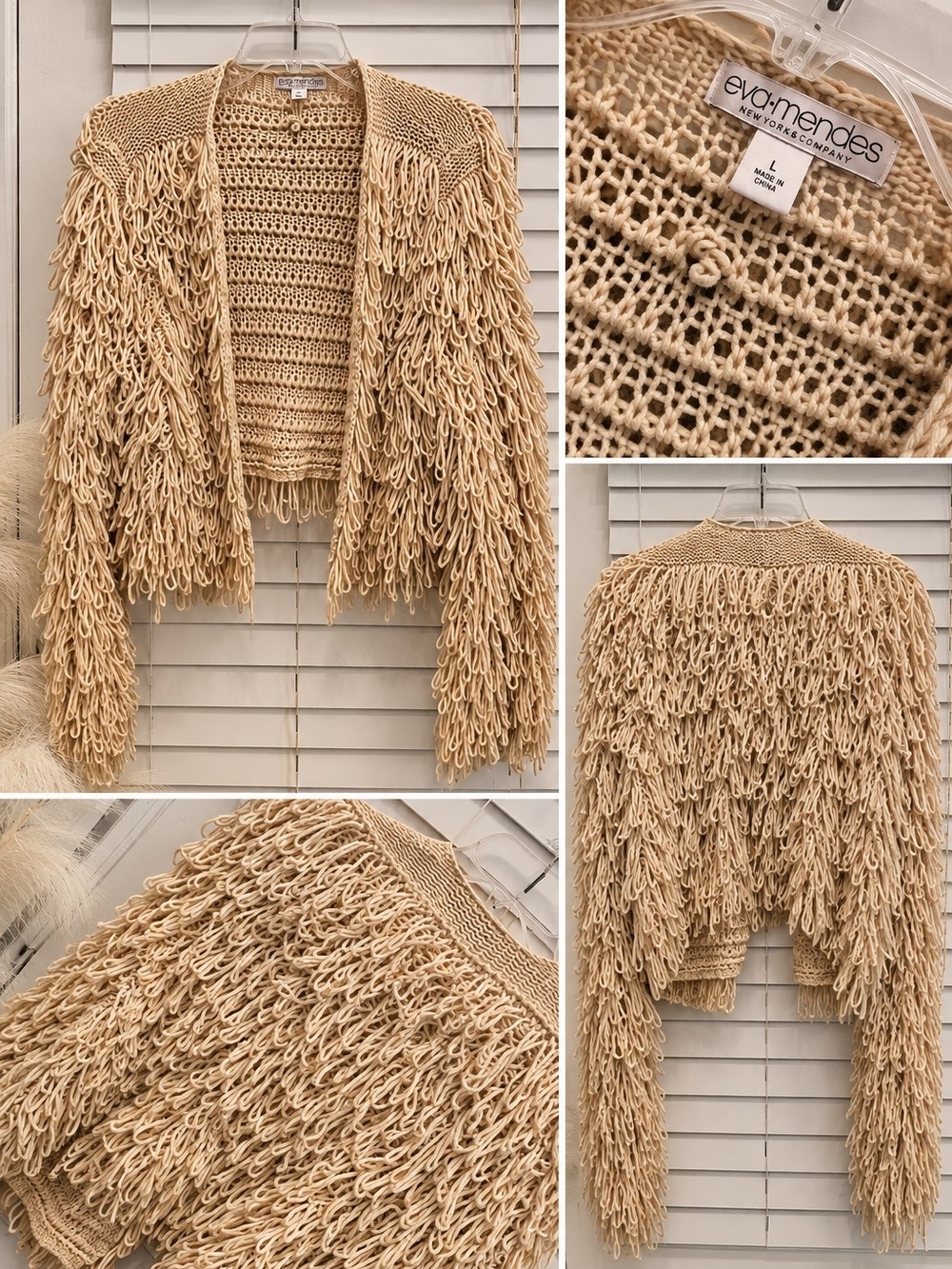 eva mendes for New York & Company Beige Loop-Front Fringe Knit Cardigan